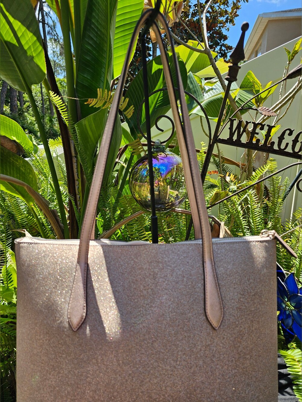 Kate Spade Shimmer Rose Gold Glitter Zip Top Tote Bag - Picture 4 of 12